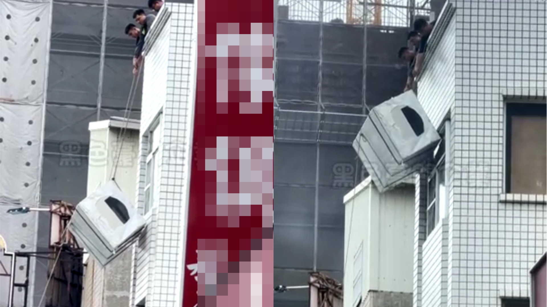▲誇張!靠雙繩綁「室外機」拉上樓(圖/翻攝自 黑色豪門)
