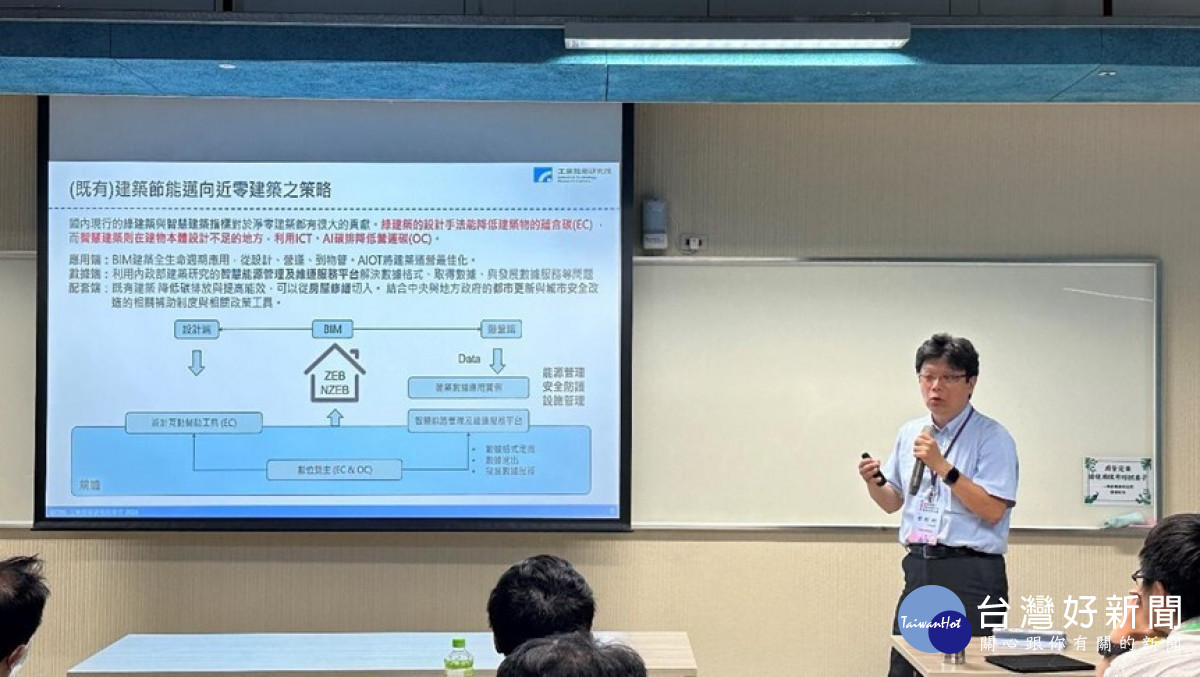 工業技術研究院李彬州計畫經理,介紹建築場域AIoT應用趨勢。(圖片/內政部建築研究所提供)