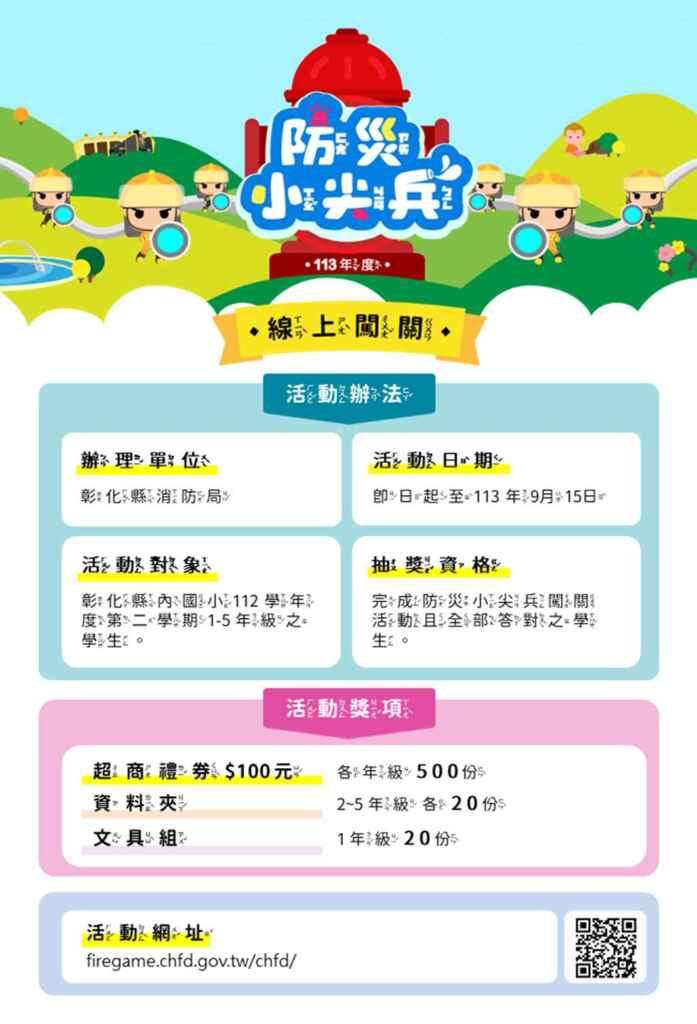 ▲彰化縣消防局「防災小尖兵」線上闖關抽好禮,即日起至9月15日,完成問答,就有機會抽中超商禮券以及文具禮品。(彰化縣政府提供)