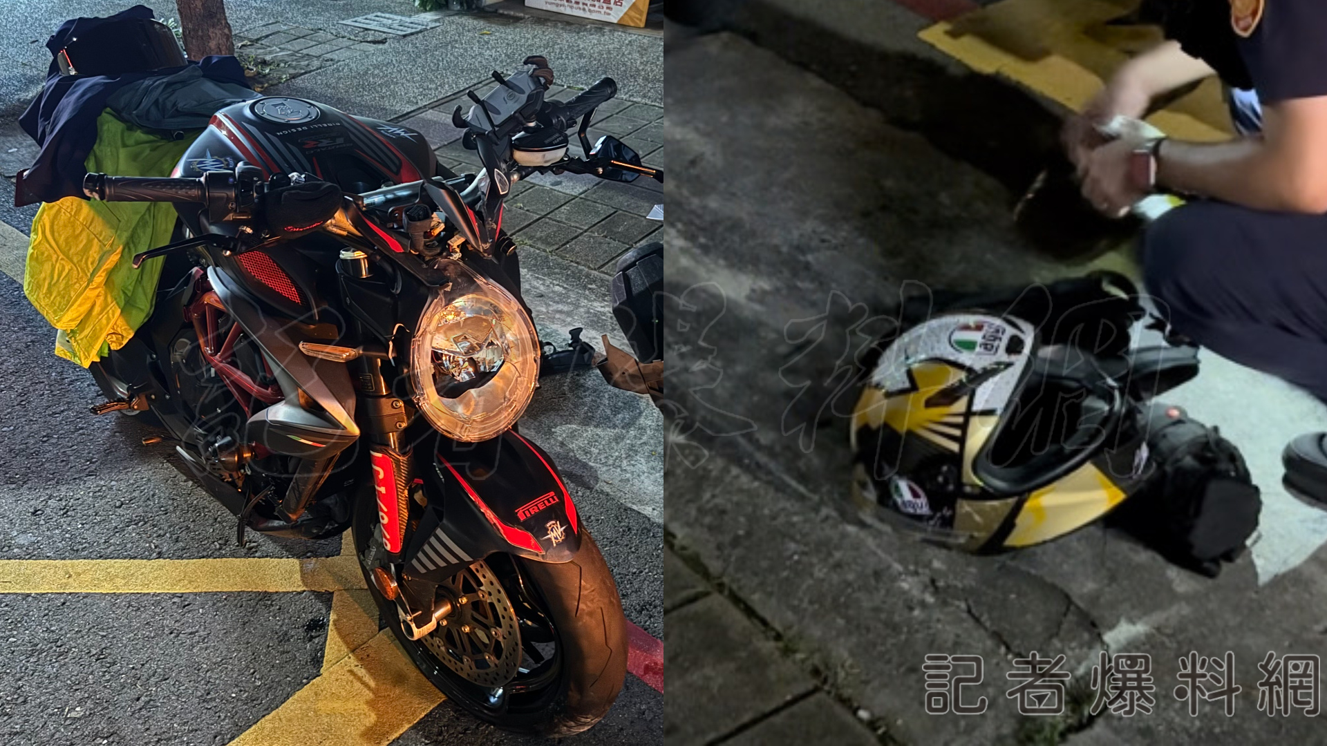 ▲高雄鳳山曹公路今（27）日晚間發生車禍事故，百萬奧古斯塔撞上機車，重機騎士戴的安全帽全球限量2000頂。（圖／記者金東天攝）