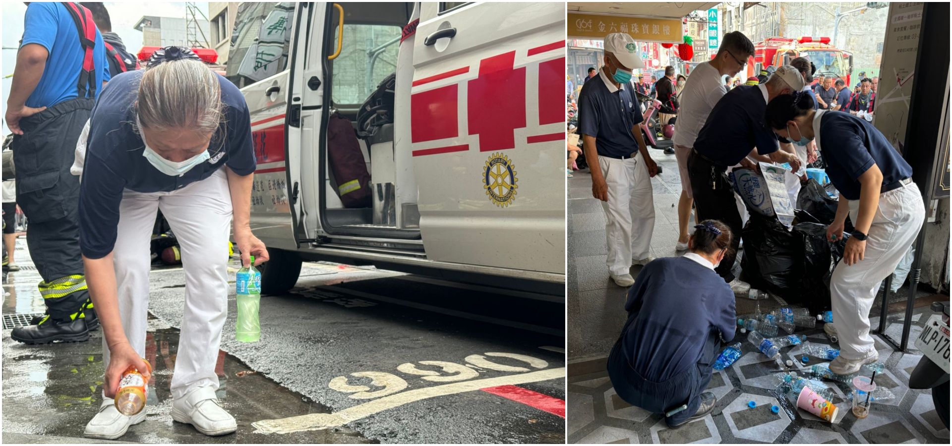 慈濟志工準備水、食物讓警消使用,並主動整理周圍環境,減輕消防人員整理工作。