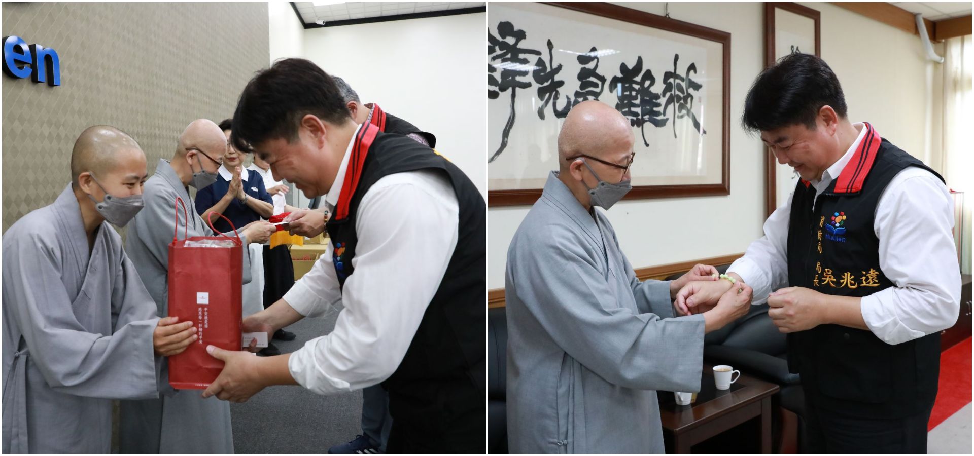 花蓮縣消防局長吳兆遠(右)表示,救災過程中感謝慈濟提供水、食物,讓同仁現場有物資可以食用。