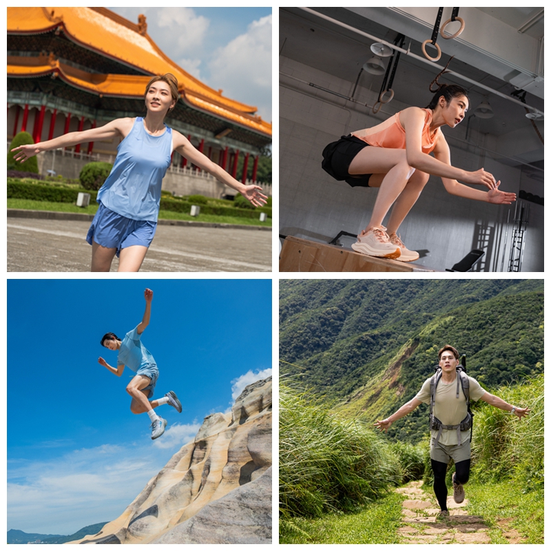 HOKA 為迎接2024年FLY HUMAN FLY與慶祝品牌起源,邀請四位品牌大使詮釋跑步、越野、登山、訓練四種不同情境。(左起胡祖薇、黃宏軒、Morris、林思宇)