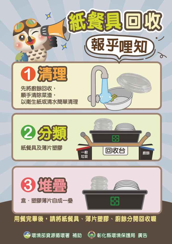 ▲紙餐具回收步驟。（彰化縣政府提供）