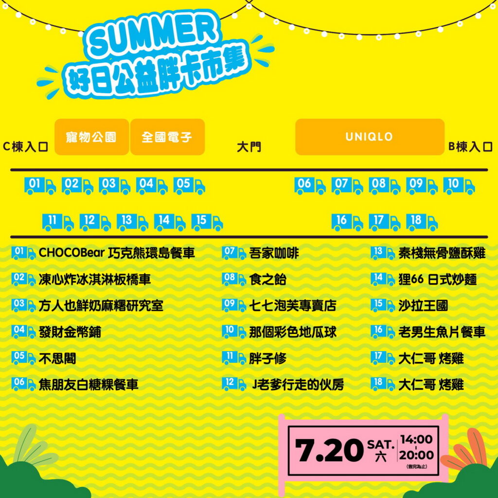 遠雄廣場也特別在7月20日將舉辦「Summer好日 公益胖卡市集」，其中邀請全台知名的餐車品
