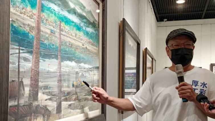 ▲臺灣河川今貌-黃運祥厚工水彩個展充滿濃厚的環保意識，期待能激發凝聚觀眾一同愛護土地的信念，讓這片土地不再哀愁，能獲得美麗的新生。（記者林明佑攝）