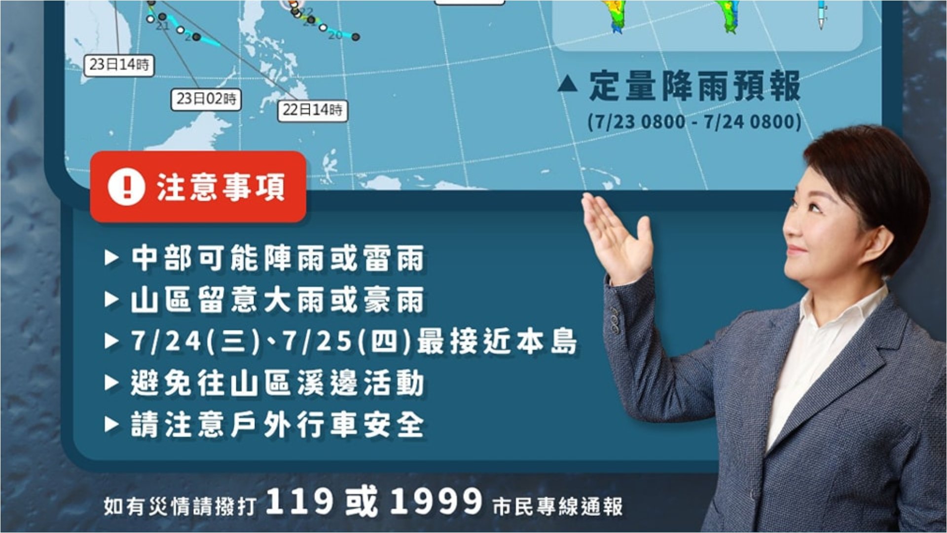 台中市長盧秀燕化身氣象主播,手比颱風動態圖,讓人想起過去她擔任主播時的模樣。翻攝「漾台中」粉專