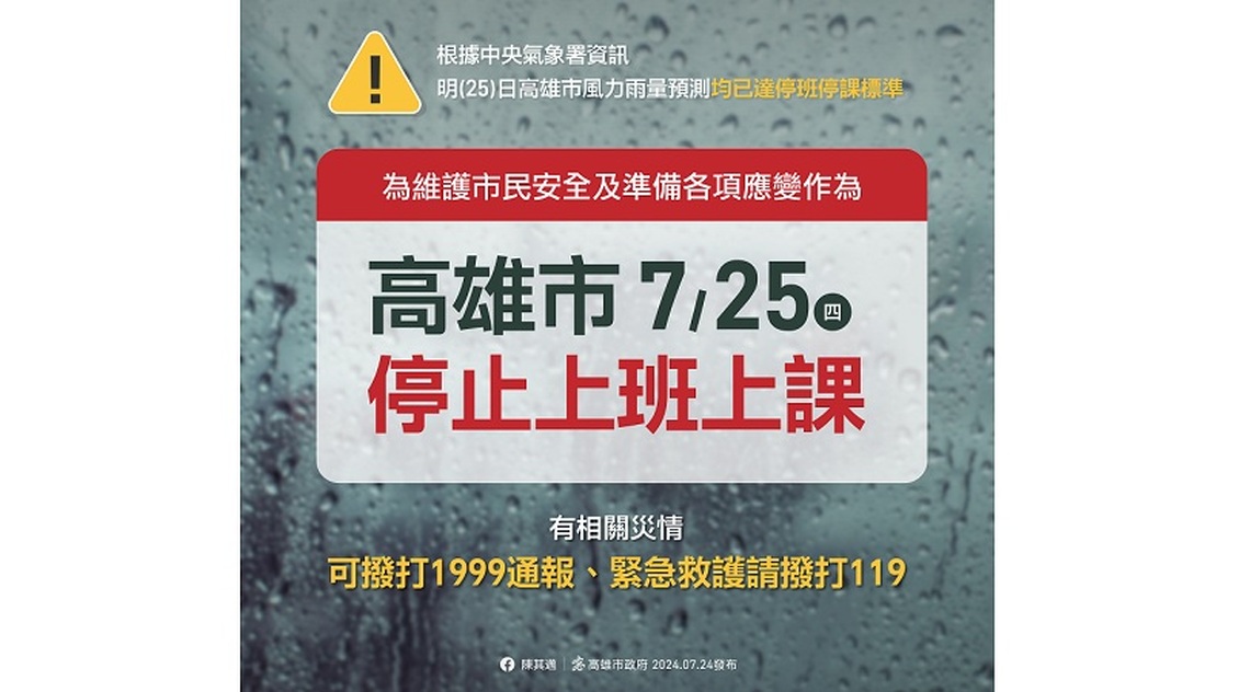 強颱凱米來襲 高雄市宣布明日停班停課