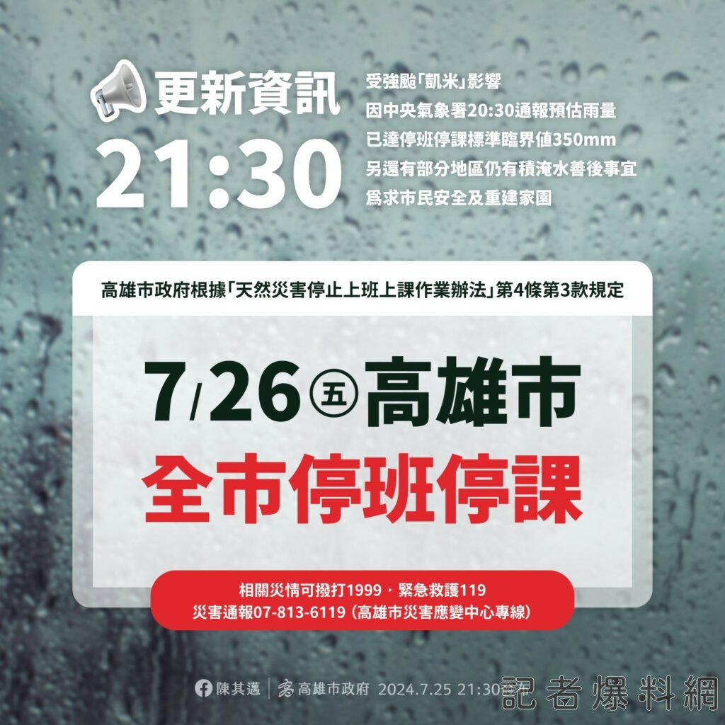 ▲高雄今原本宣布明(26)日僅8區停班停課,但市府在晚間9時30分急轉彎,宣布高雄市26日全區停班停課。(圖/高市府提供)