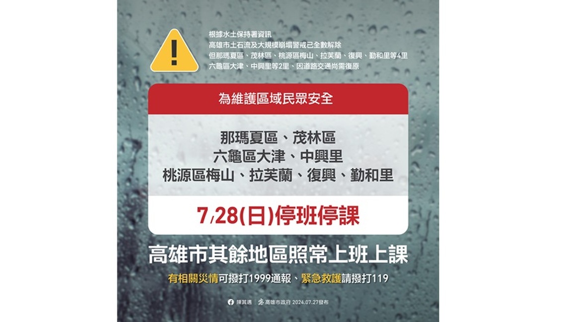 高雄土石流警戒解除   部分原鄉區明日仍停班停課