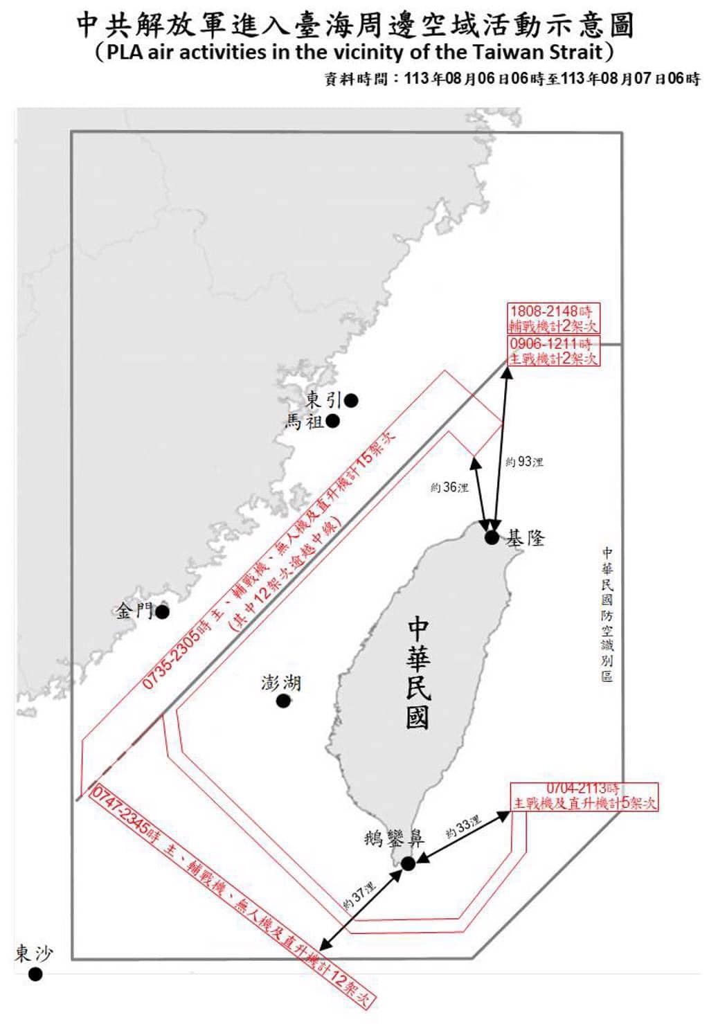 軍事專家張競指出,8月6日清晨6時至7日清晨6時,有共機越過24浬鄰接區,甚至可能已經進入台灣的內水和領空。對此,國防部回應未進入台灣24浬海域鄰接區。圖/取自國防部