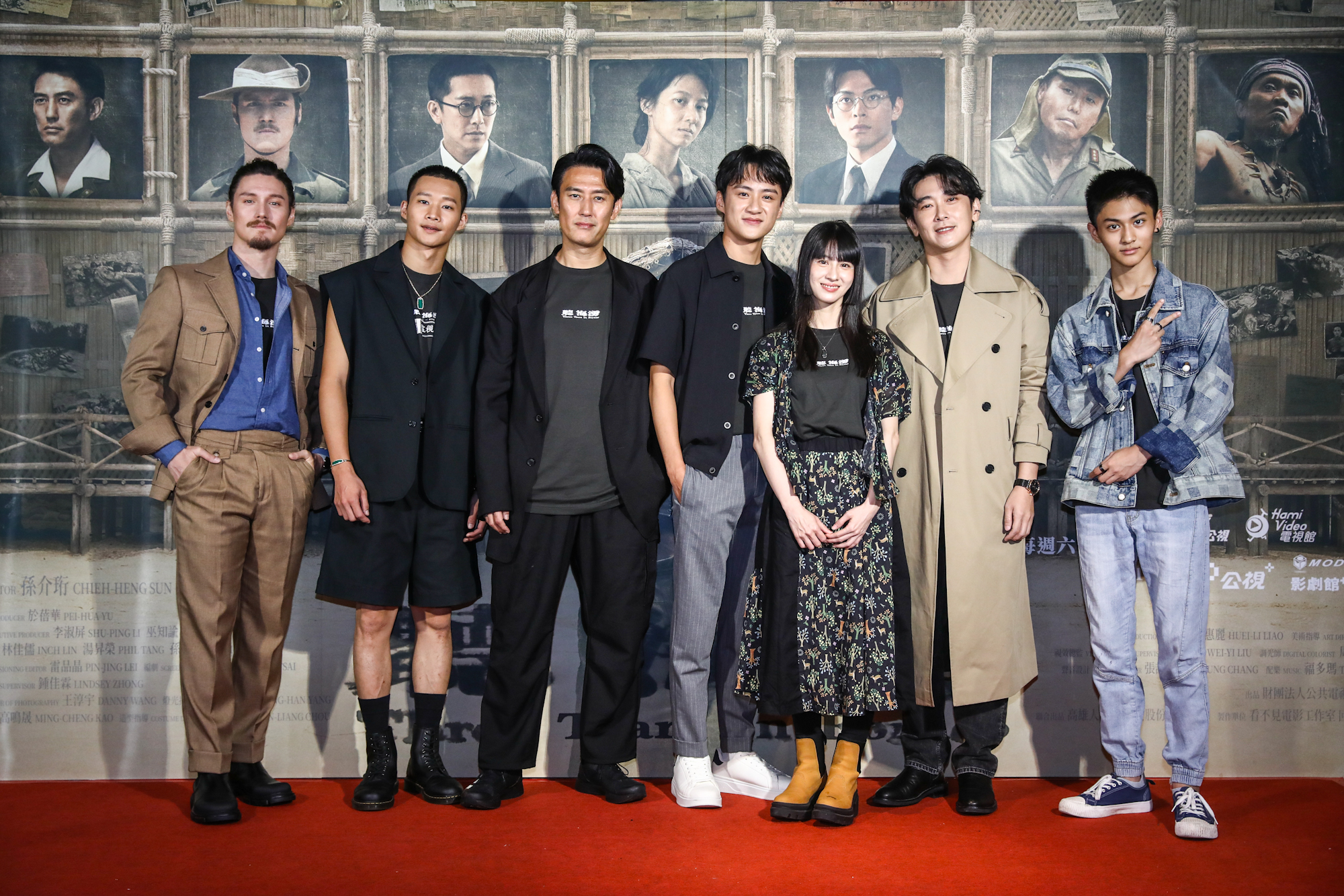 《聽海湧》主演周厚安(左起)、黃冠智、塚原大助、吳翰林、連俞涵、施名帥和朱宥丞共同出席首映聯訪。圖/公視提供