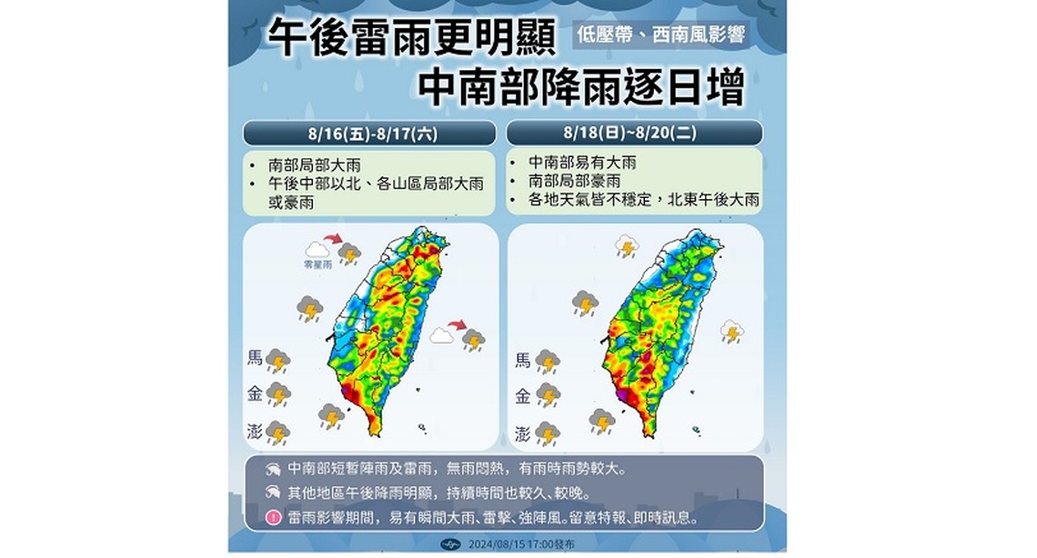 週五午後雷陣雨範圍擴大 中北部地區注意