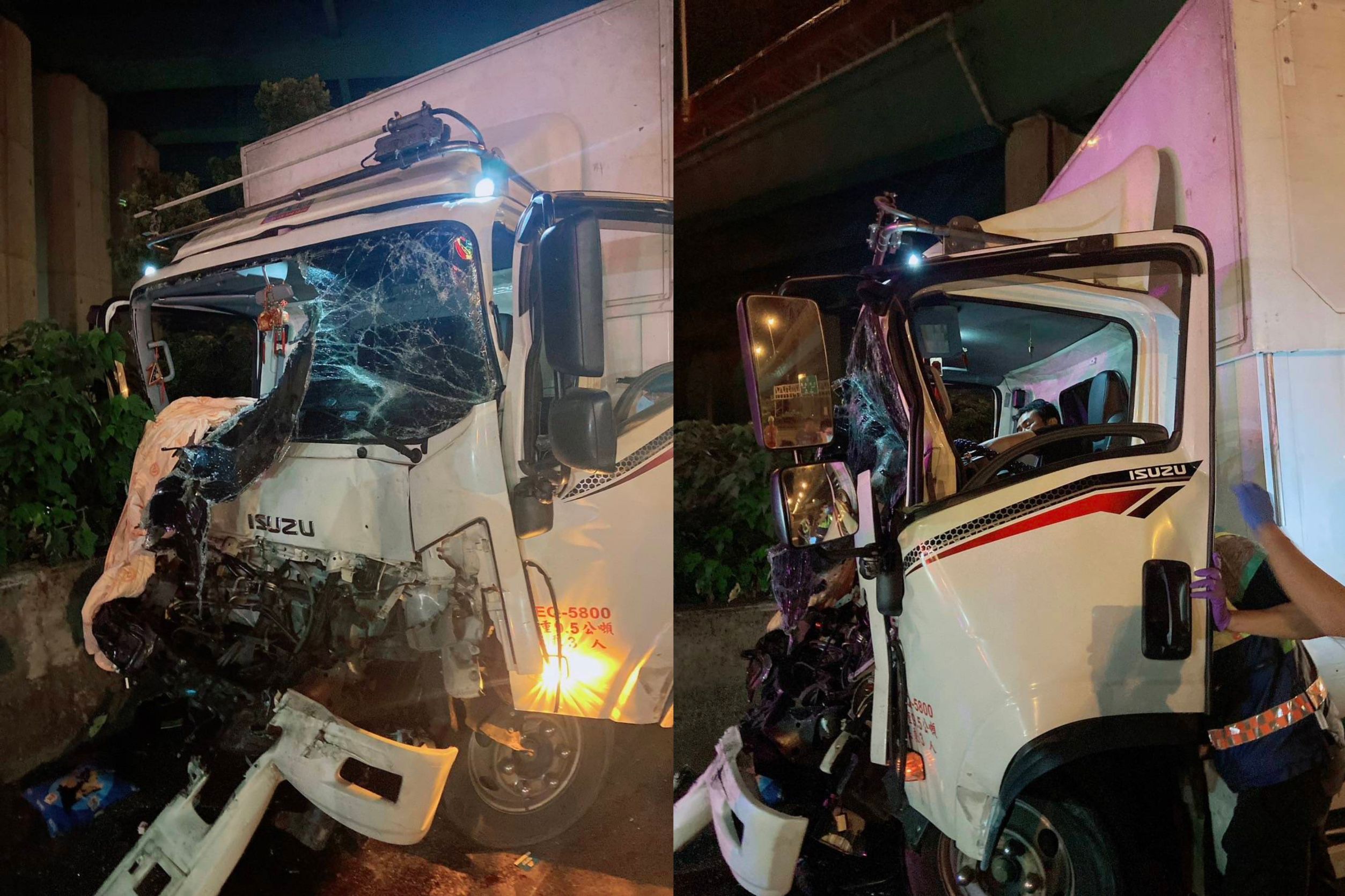 ▲國道1號中山高速公路南下彰化路段， 1輛大貨車車頭撞爛停在路肩，駕駛被變形車體夾住，動彈不得，消防員搶救受困的駕駛。（民眾提供）