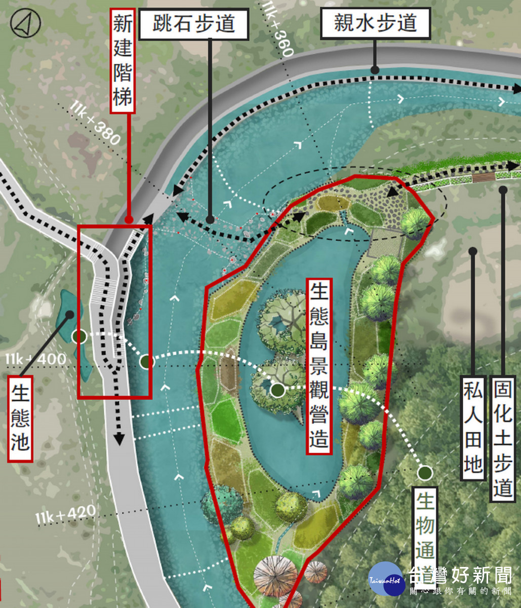 草嶺溪水環境營造工程施工後生態島模擬圖(複層植栽多樣性)。<br /><br />
