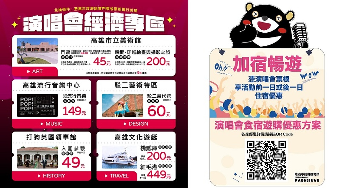 高雄演唱會經濟續發威 86家旅宿業者推優惠 高旅網「演唱會經濟專區」 整合食宿遊購樂優惠