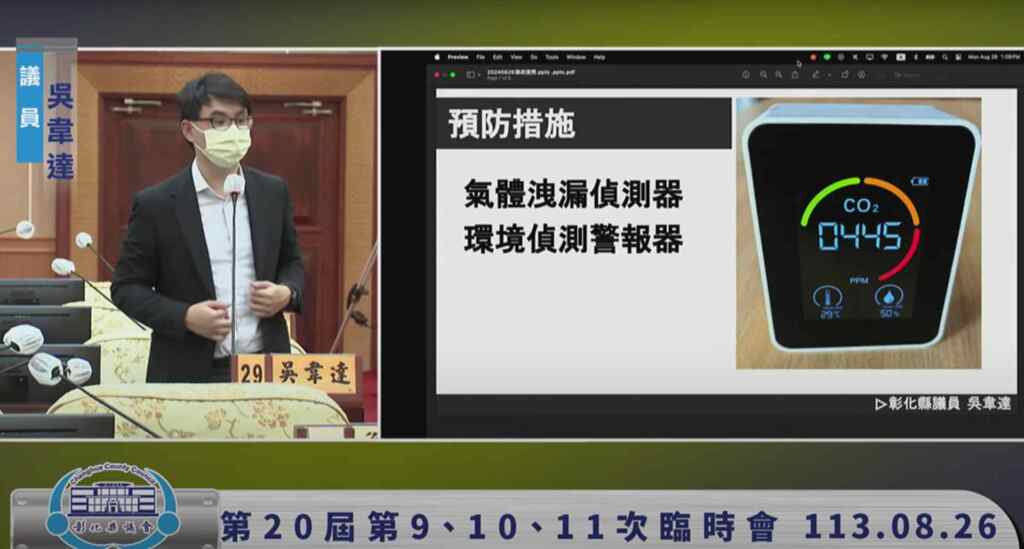 ▲彰濱離岸風電二氧化碳外洩事件,議員吳韋達希望縣府可以來討論研議,是否可以要求二氧化碳相關人員與場域有偵測設備。(縣議員吳韋達提供)