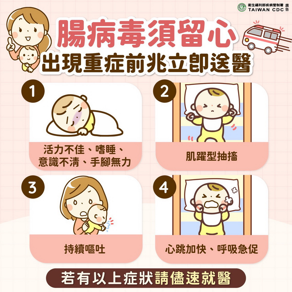 腸病毒不可輕忽,若有症狀立即送醫。<br /><br />