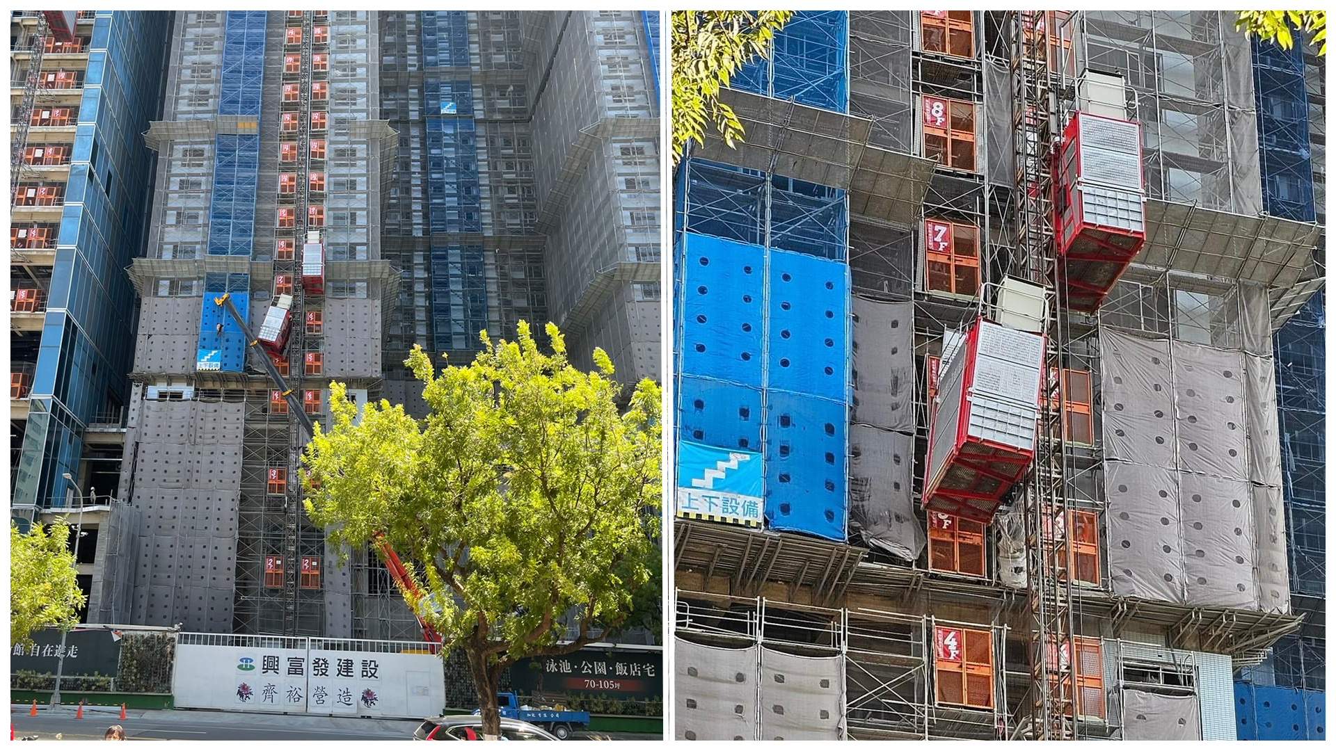 ▲高雄興富發建設工地電梯傾斜（圖／民眾提供、翻攝畫面）