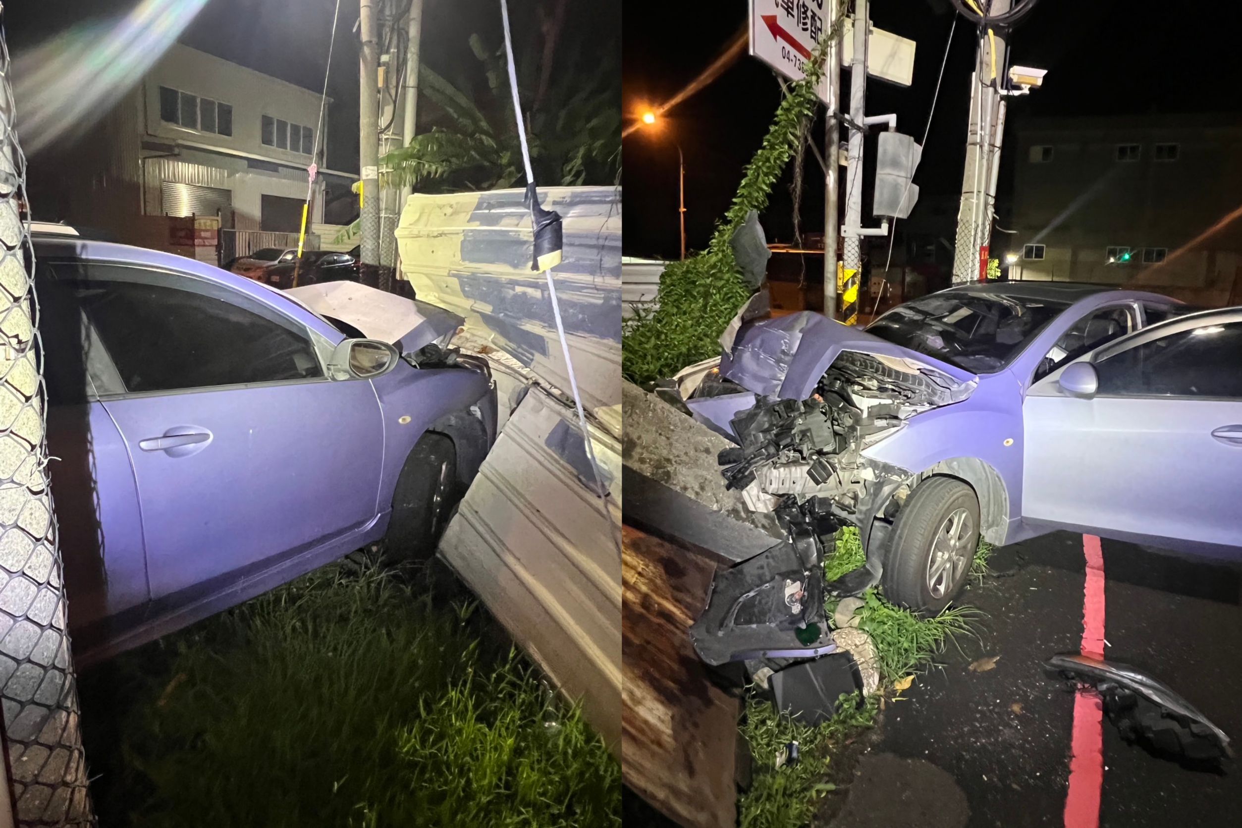 ▲車子送修開代步車，卻掛其他車號牌遭警攔，卻因無照駕駛心虛遇警攔檢時拒檢逃竄而自撞，車頭幾乎全毀（警方提供）