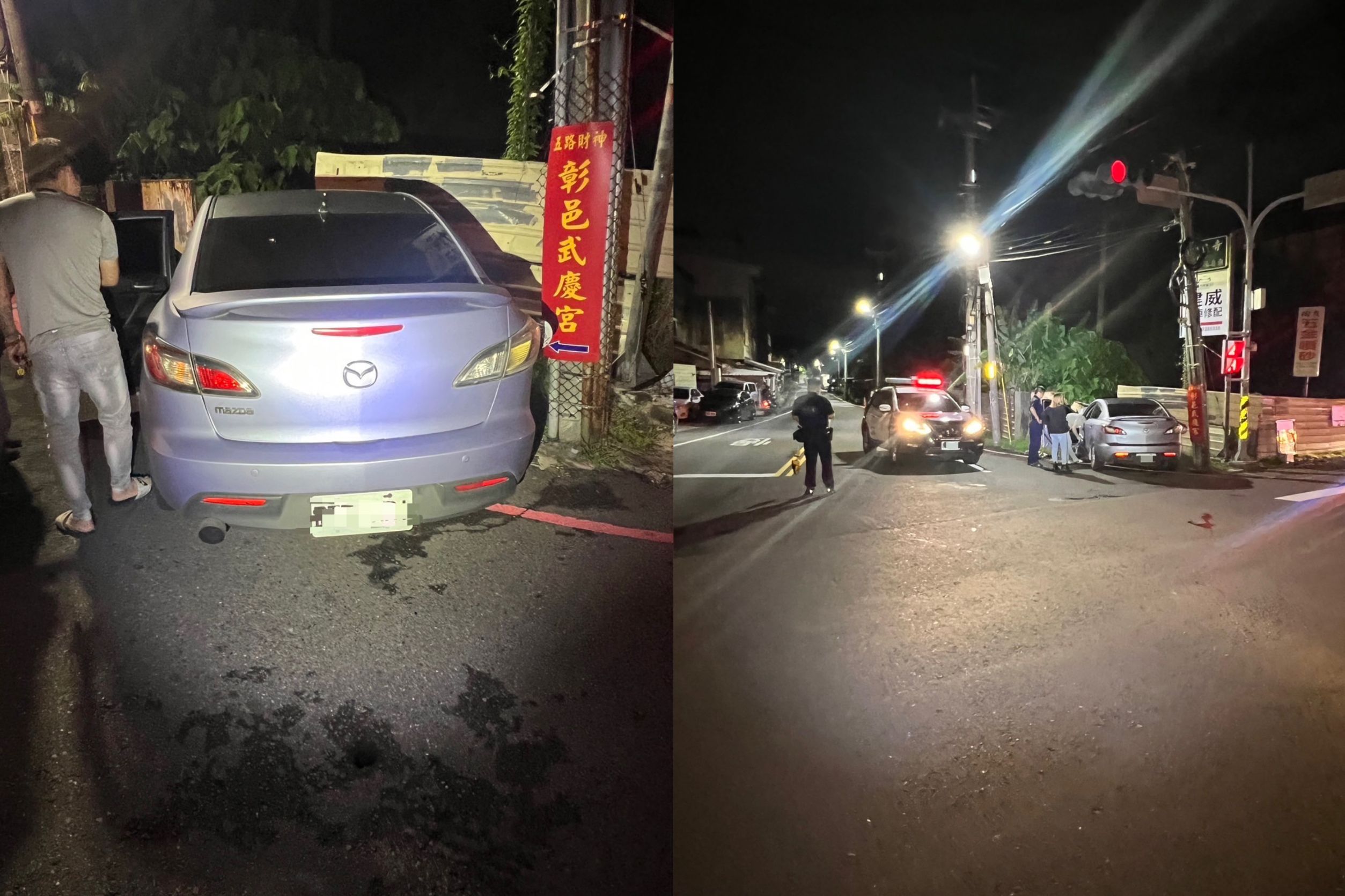 ▲車子送修開代步車，卻掛其他車號牌遭警攔，卻因無照駕駛心虛遇警攔檢時拒檢逃竄而自撞，車頭幾乎全毀（警方提供）