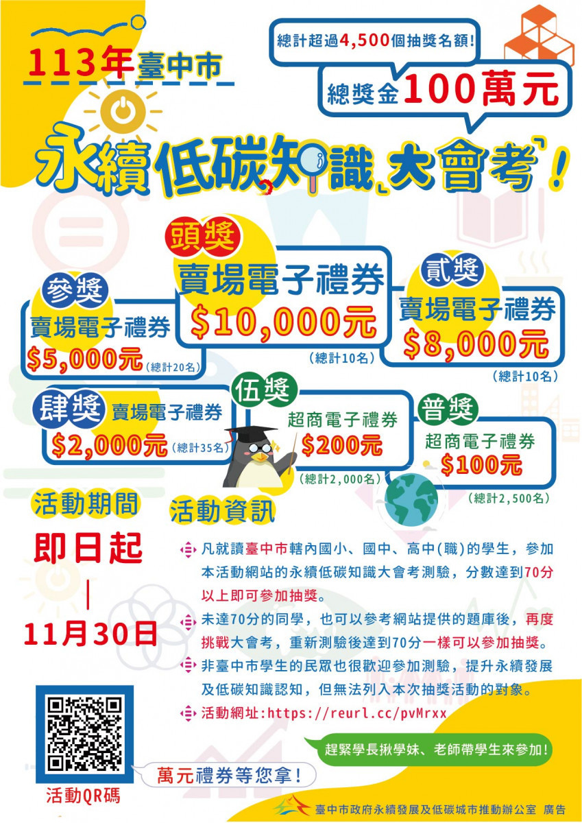 「臺中市永續低碳知識大會考」再度啟動,總獎金高達100萬