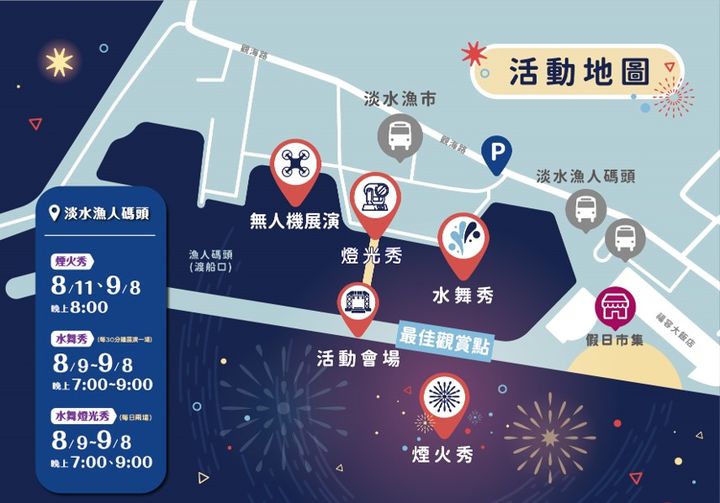 今晚登場／淡水漁人碼頭「仲夏繽紛樂」閉幕煙火秀 打造夢幻港灣夜