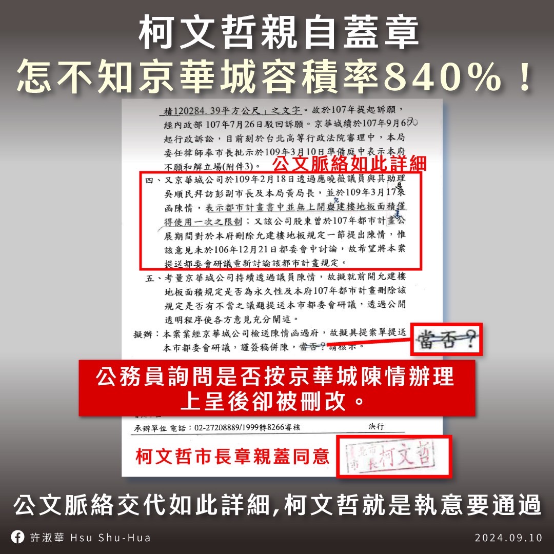 指京華城案關鍵公文遭刪改　許淑華要柯文哲交代真相 243