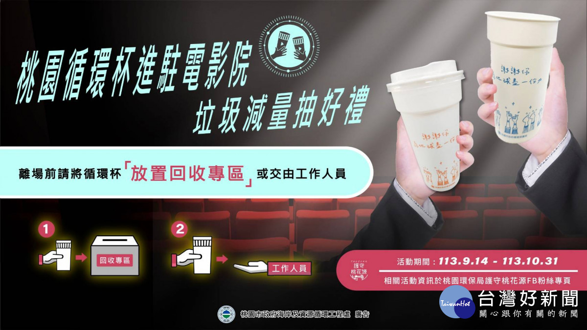 桃園市與桃園知名影城合作推廣飲品使用循環杯,讓民眾一起參與垃圾源頭減量。