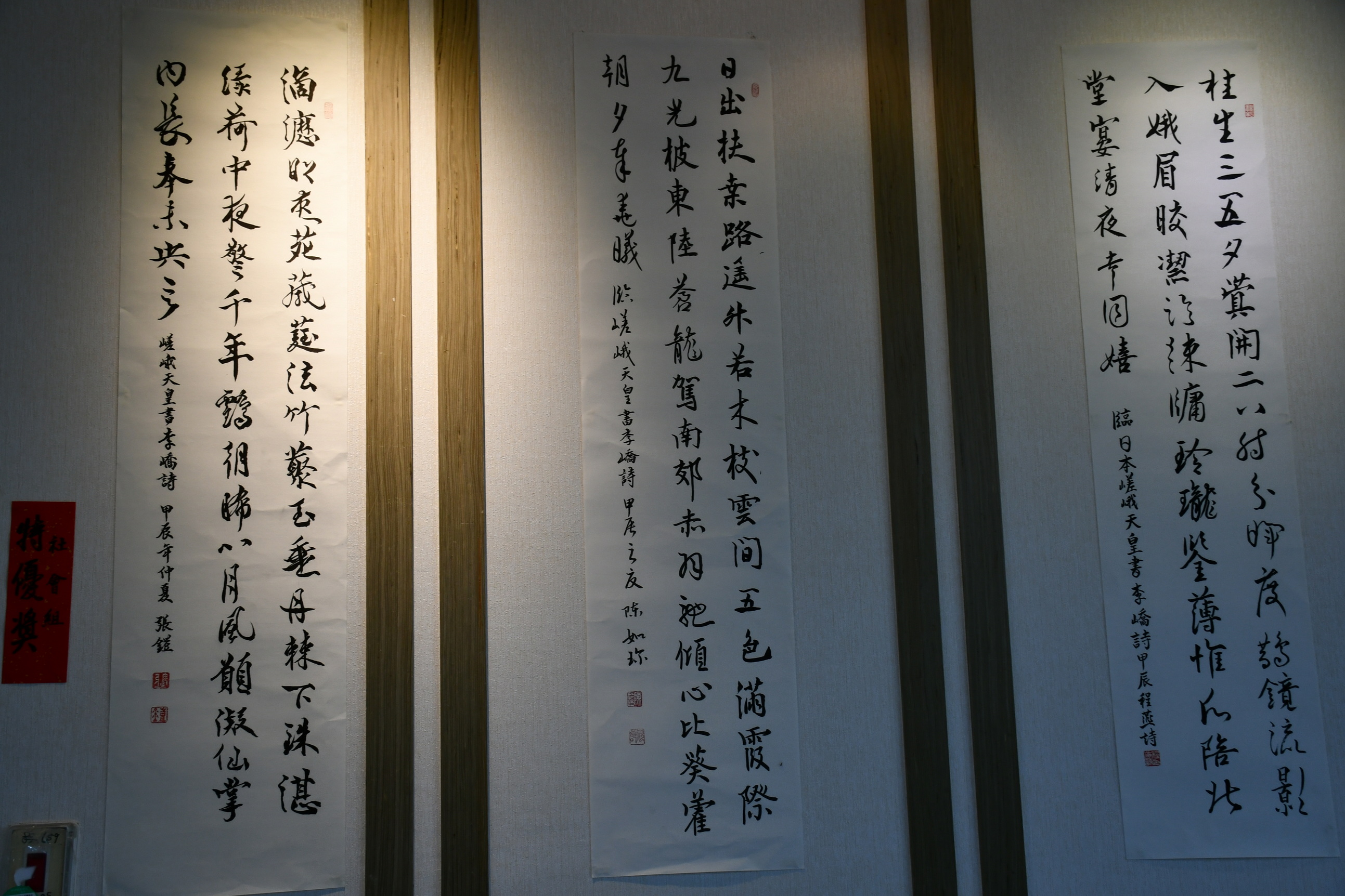 ▲彰化縣逸晉書道學會主辦的「第四屆逸晉盃臨帖書法比賽」成果展，匯集了書法愛好者們的創作心血，正在彰化市婦女學苑展出。（記者張溎壕攝）