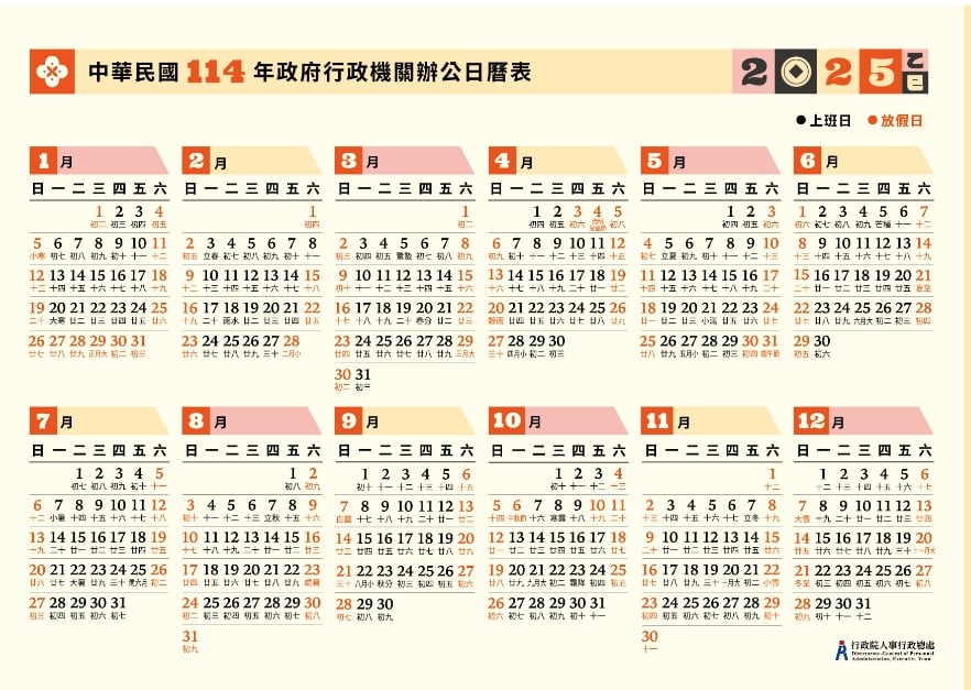 2025年放假天數115天,有6個3天以上連假。翻攝人事總處官網