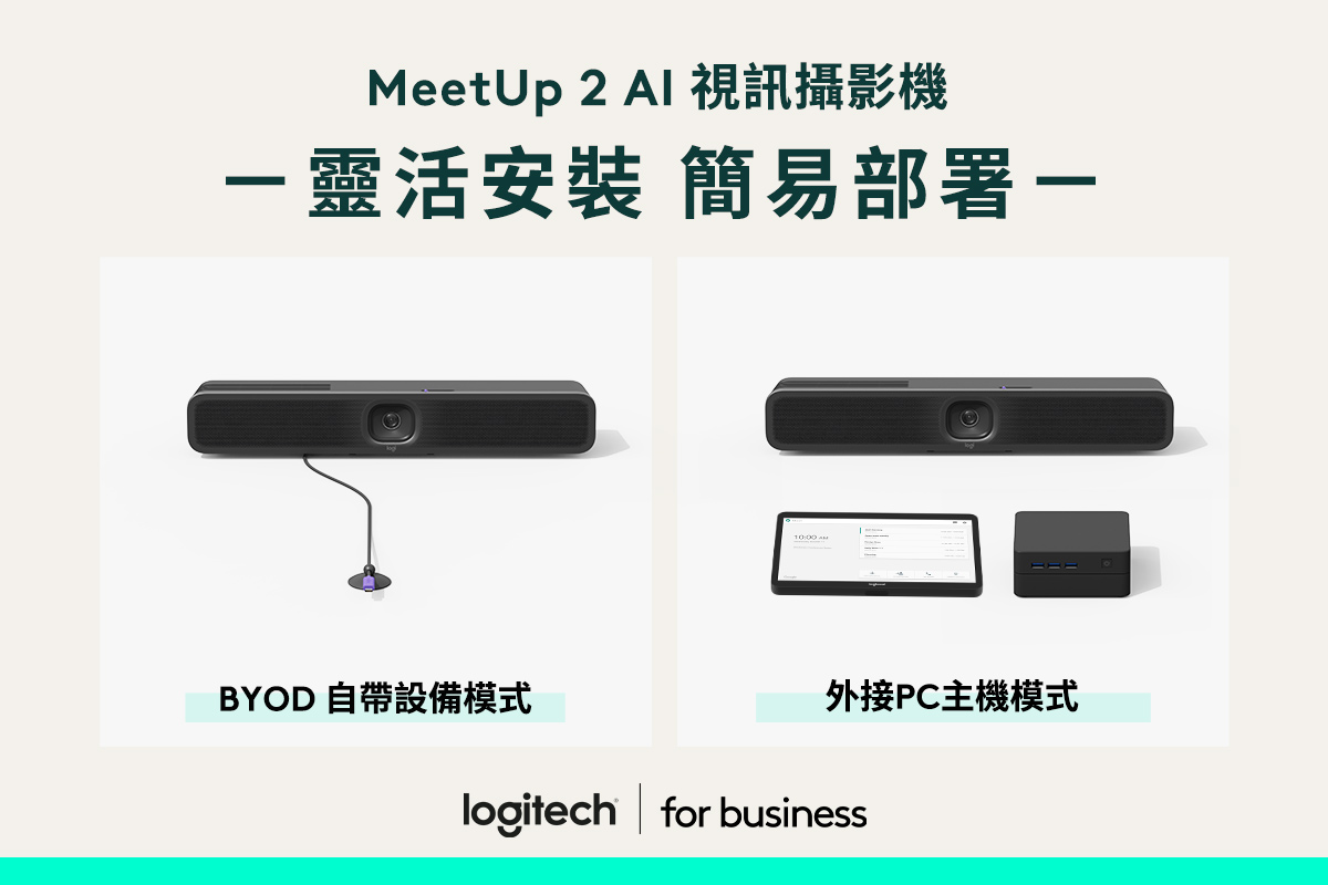 MeetUp 2 支援 BYOD 自帶設備和外接 PC 主機模式,可透過主動式 USB 延長線 (5公尺) 連接筆電,亦可採用 外接 PC 主機模式連接會議室系統,雙模部署靈活方便,輕鬆展開會議。