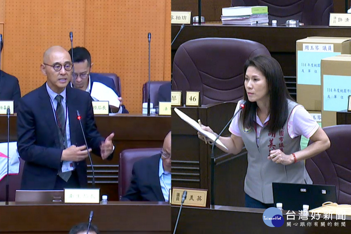 針對市立醫院選址問題,桃園市議員謝美英於議事堂上質詢衛生局長賈蔚。