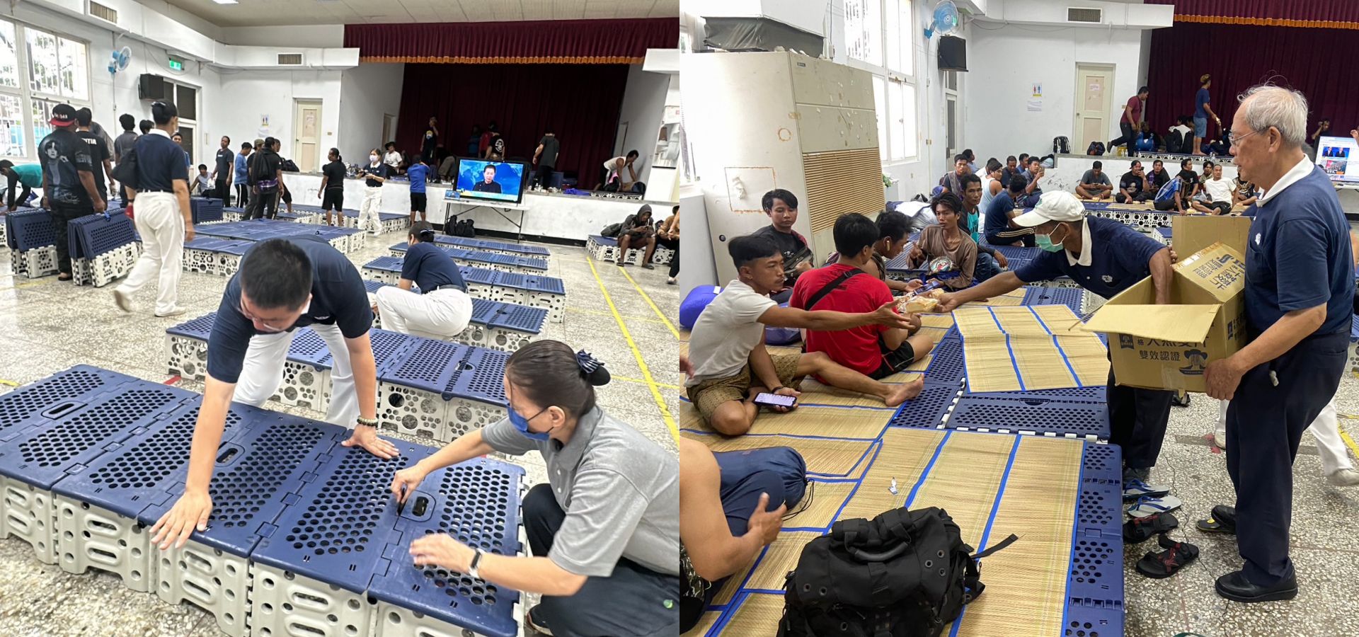 慈濟高雄梓官區慈濟志運送100床的福慧床及120份麵包給在梓官漁港外海安置的外籍移工。