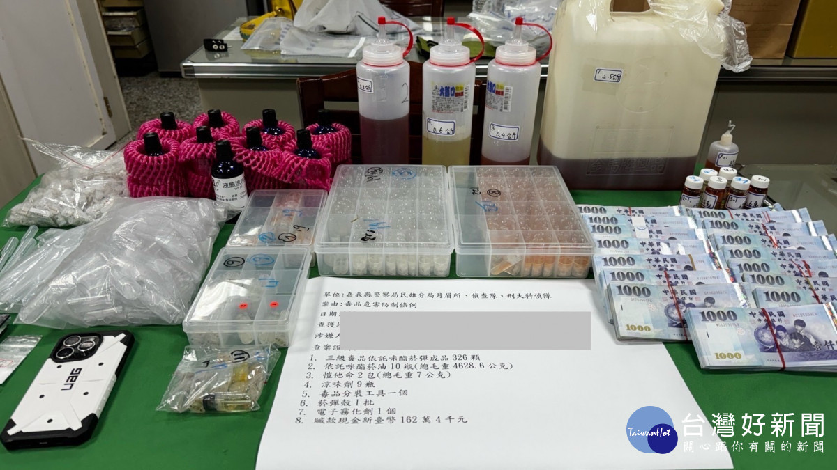 警方查扣「依托咪酯」菸油、菸彈成品、分裝工具及販毒所得162萬餘元/警方提供