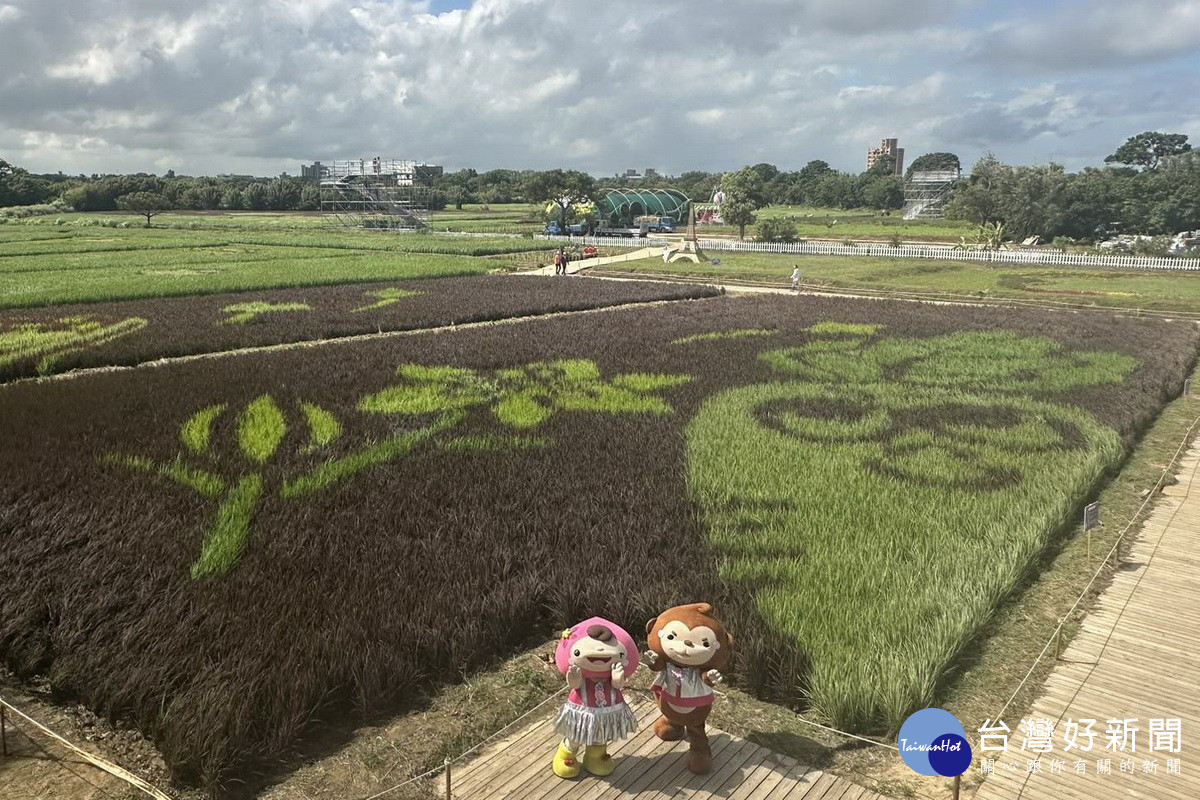 大園溪海彩繪稻田高達4公頃,桃園的吉祥物「阿桃、園哥」邀您一起來遊賞。