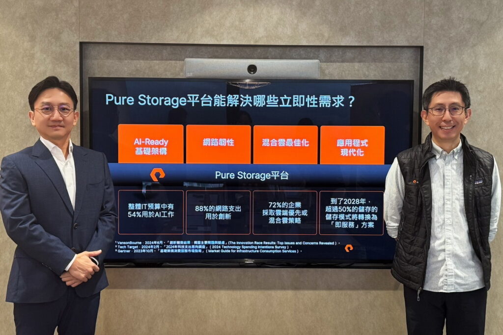 Pure Storage平台發表多項業界首創的創新產品,包含Universal Credits以及讓VMware資源最佳化的最新虛擬機評估功能。圖為Pure Storage台灣區總經理周正平(左),Pure Storage大中華區技術總監何與暉(右)。