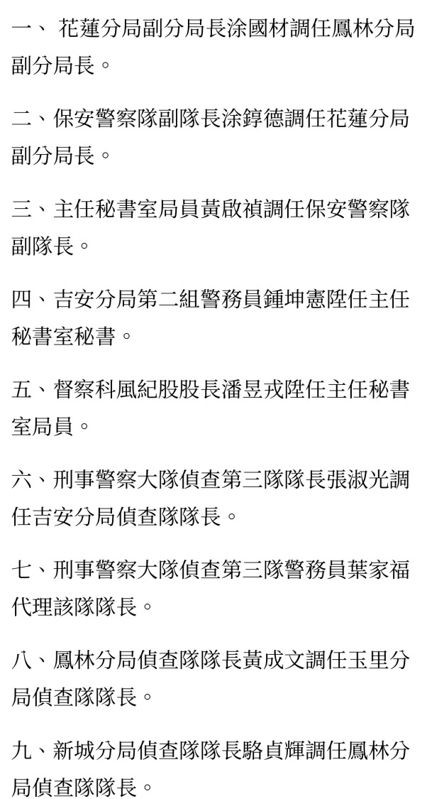 駱姓隊長於今年6月調任鳳林分局,仍任偵查隊長一職。(記者徐煜勝翻攝)