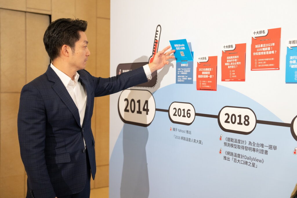 台北市長蔣萬安在網路溫度計十週年時光牆前體驗熱門數據文章