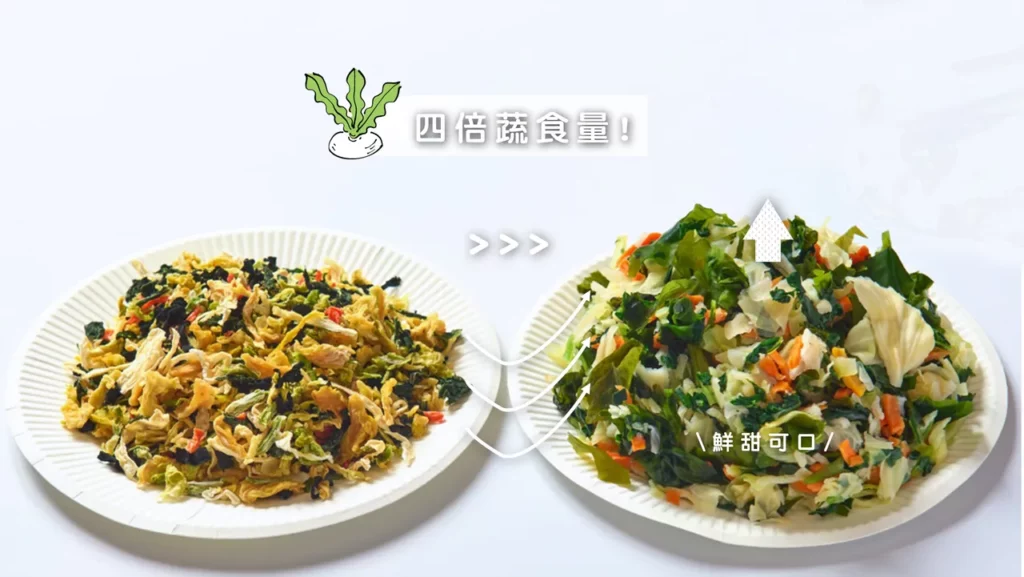 野菜泡開後呈四倍量,一泡即食,便利營養(聽儷科技股份有限公司提供)