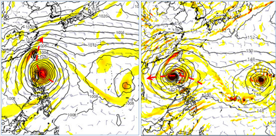 圖:最新(19日20時)歐洲(ECMWF)模式25日20時模擬圖顯示、擾動前進至呂宋島東北角,未來轉向台灣東部近海,闖進警報區(左圖)。美國(GFS)模式25日20時模擬圖則為、已通過呂宋島北部,未來向南海前進(右圖)。