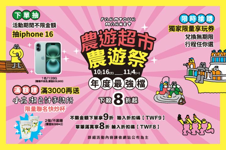 線上旅展「農遊超市農遊祭 」歡慶3週年 全站下殺8折起、下單即抽智慧型手機!