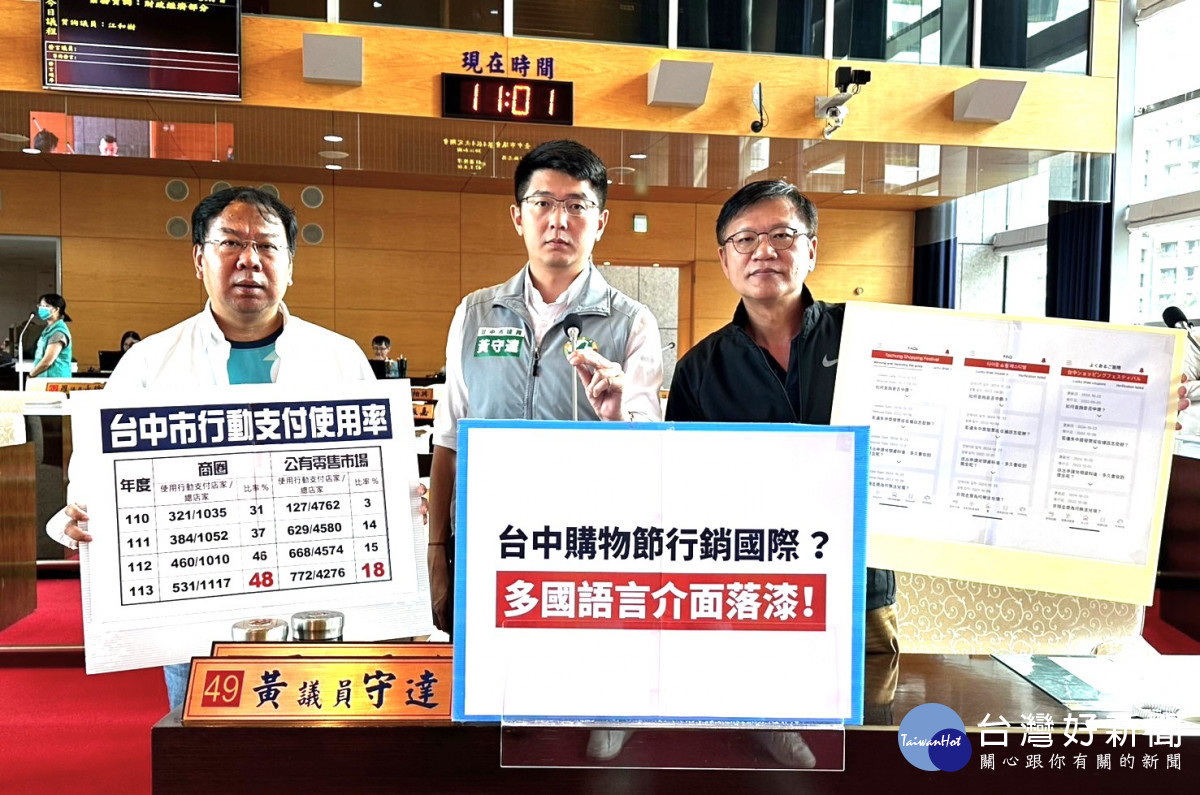 民進黨市議員謝志忠（左起）黃守達與王立任，批購物節APP介面「落漆」