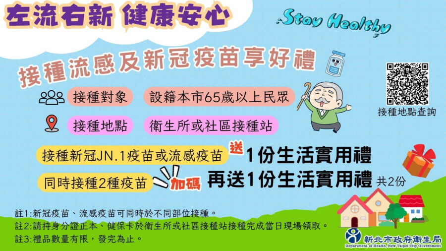 圖/新北市政府衛生局鼓勵65歲以上民眾接種疫苗,設籍本市65歲以上長者接種,可領取生活實用好禮1份。(新北市政府衛生局提供)