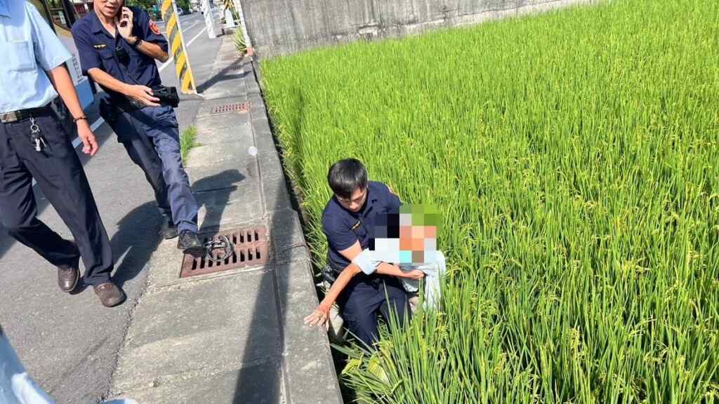 ▲八旬翁等公車重心不穩倒頭栽跌入稻田,彰化警方獲報迅速到場,立即跳入稻田將老翁扶起。(記者林明佑翻攝)