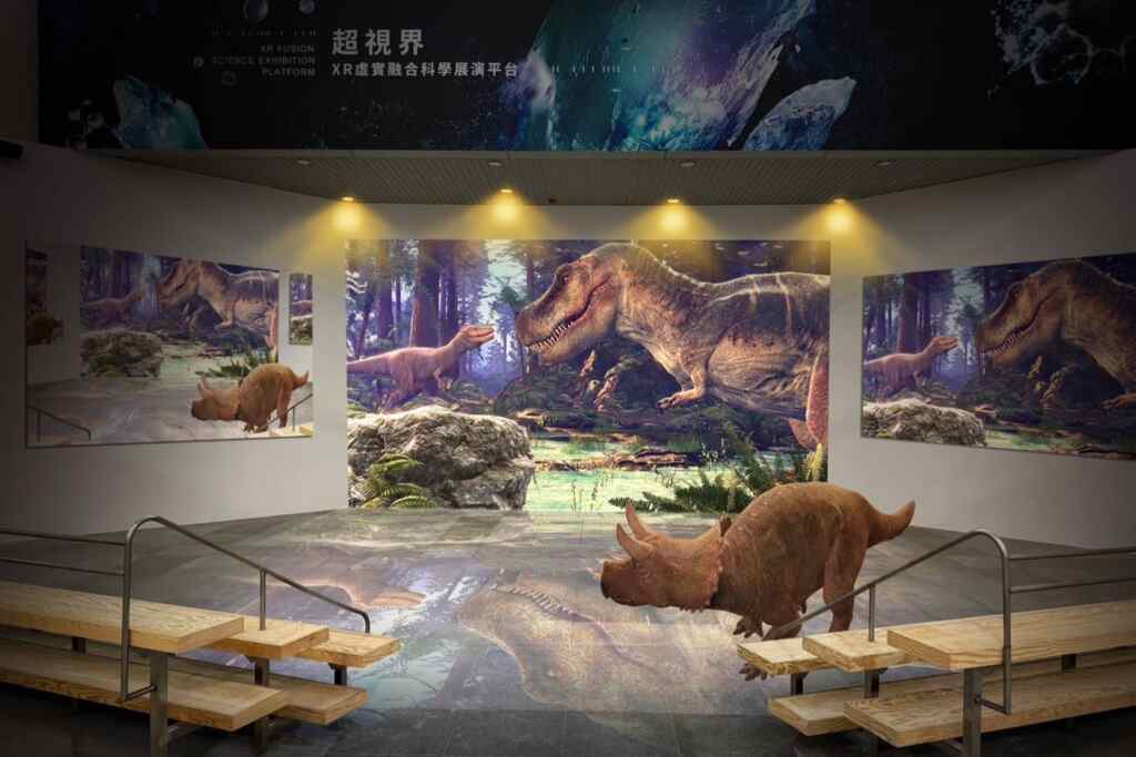 ▲科博館8月啟用XUPER-REAL超視界沉浸式劇場,推出創新虛實展演《白堊紀的恐龍派對》。(國立自然科學博物館提供)