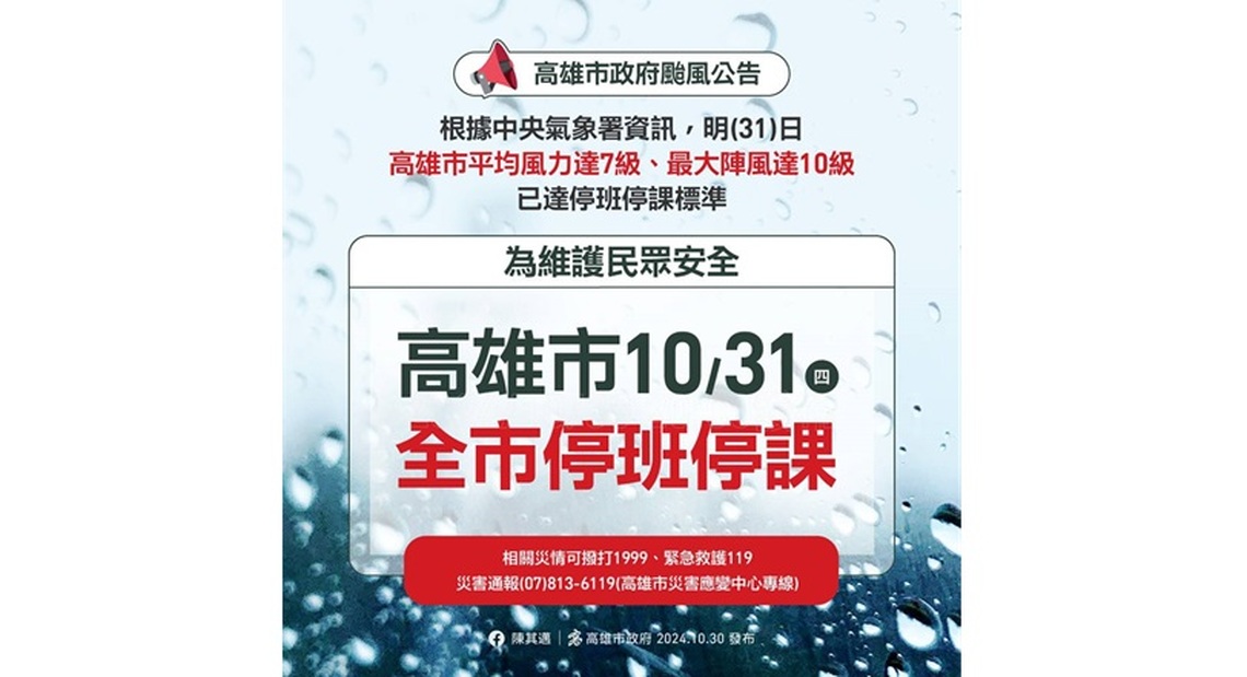高市明日停班停課公告:風力達標準,全面防颱保安全