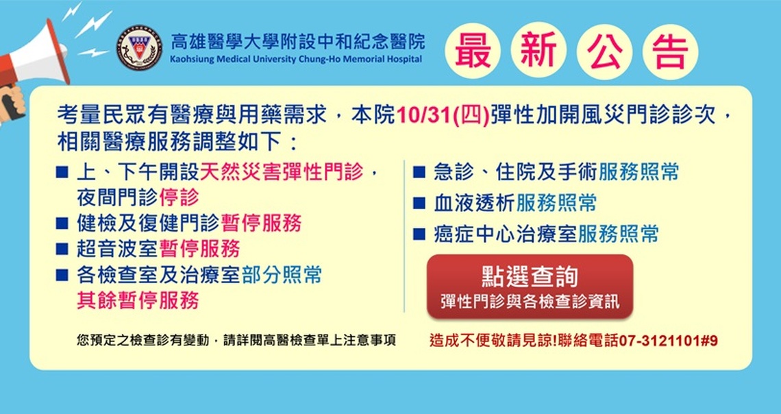 康芮颱風來襲 高醫31日開設天然災害彈性門診