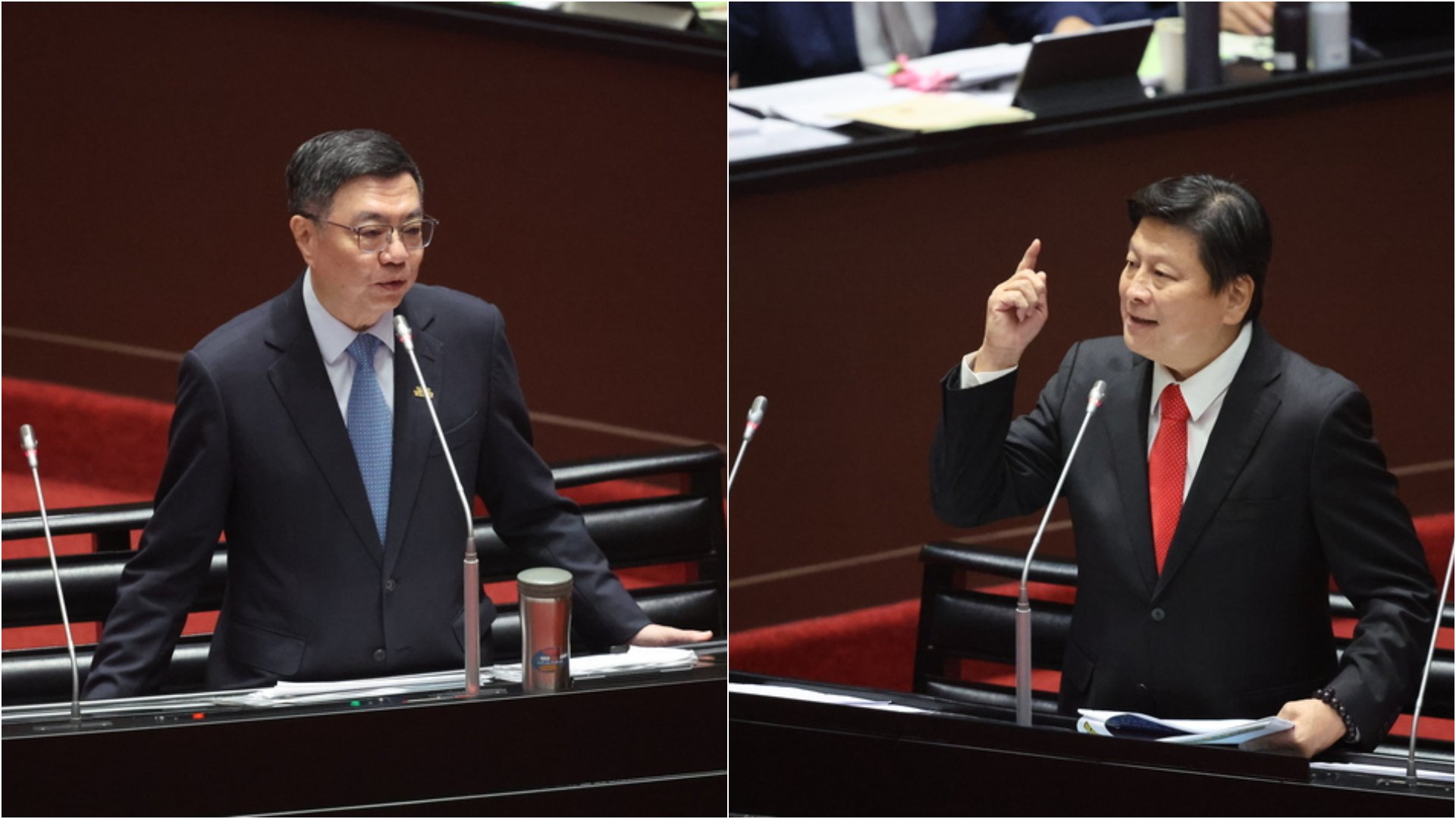 國民黨立法院黨團總召傅崐萁(右)1日質詢時,6度拍桌嗆行政院長卓榮泰(左)。中央社