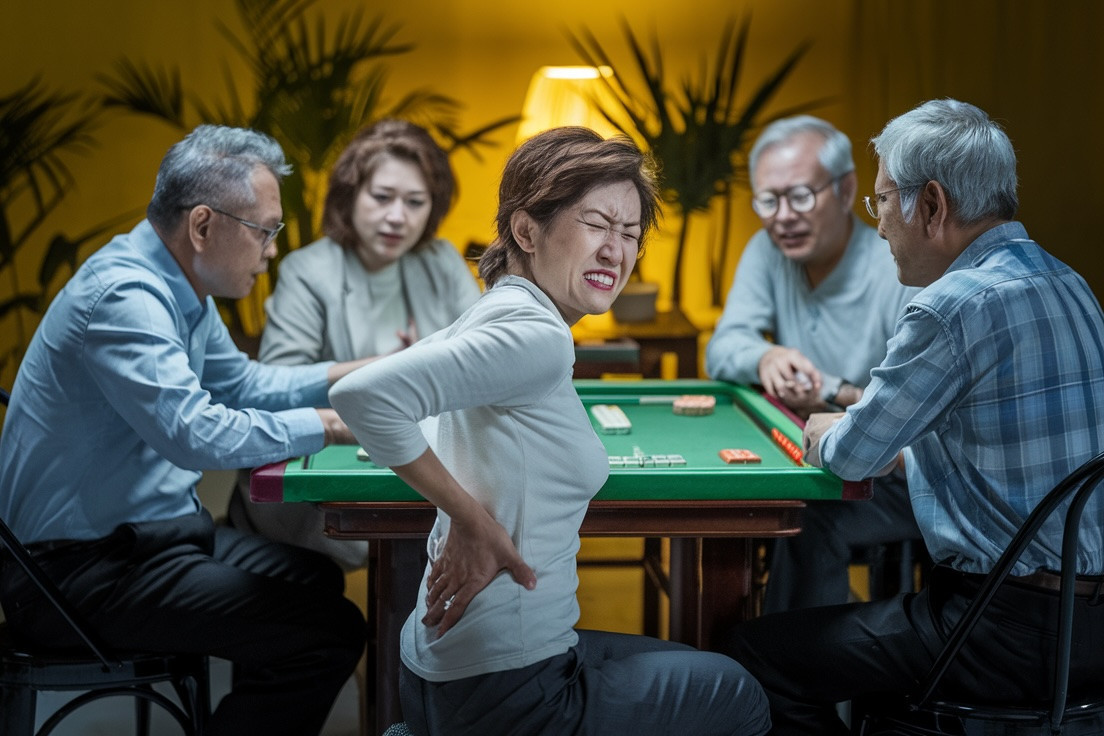 打麻將、追劇，而長期久坐或姿勢不良帶來的問題，可能危害關節引發各種身體疼痛，不可輕忽。（圖／成美健康事業集團提供）